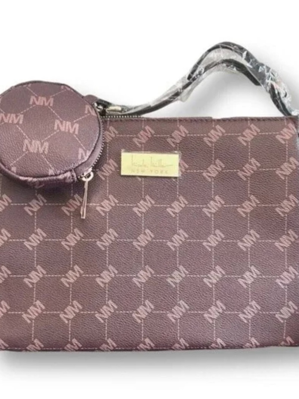 Nicole Miller Maroon Monogram Shoulder Tote with Round Coin Pouch